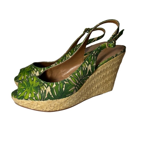 Tahari Green Palm Tropical Taylor Wedges Heels Espadrilles Slingback Peep Toe - Picture 1 of 8